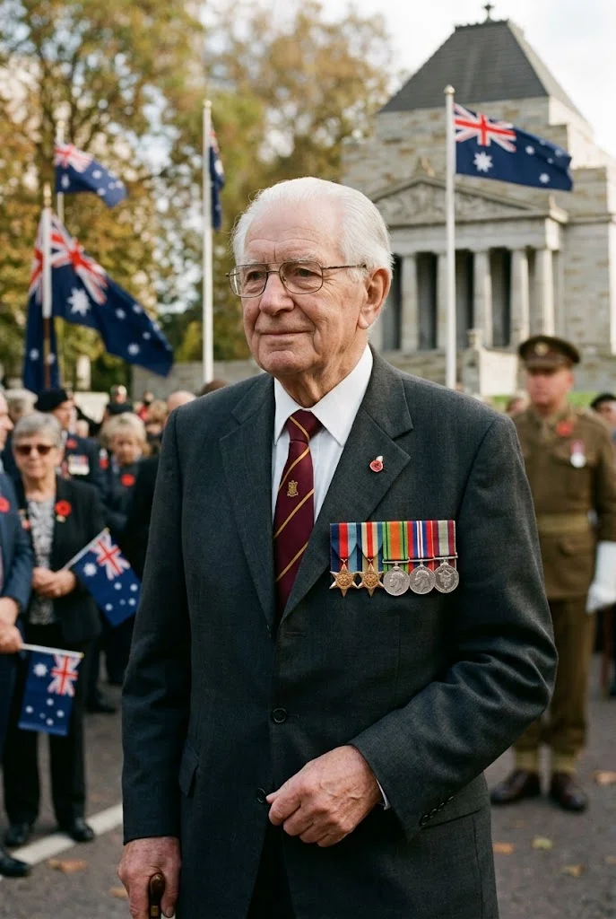 An older veteran wearing his service medals at the Shrine of Remembrance